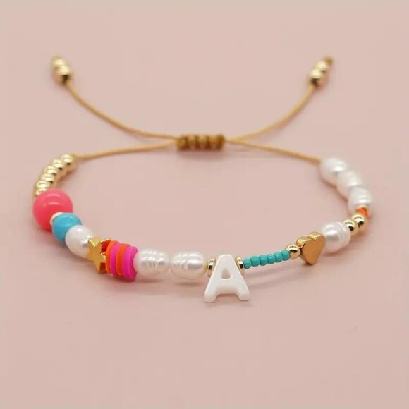 Initial Beaded Bracelet With White Freshwater Pearls Bracelet - Picture 1 of 2